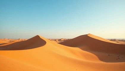 Rolling sand dunes under clear sky, immense desert scene, hot, solitary, dune