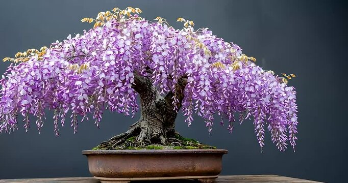 Purple Wisteria Bonsai Tree in Brown Pot Against Grey Background