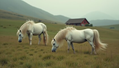 Obraz premium Two creamy white horses grazing on a serene hillside near a red barn under a cloudy sky