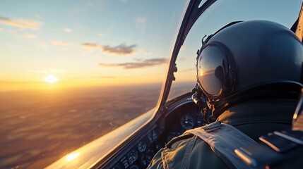 A focused pilot prepares for a mission, settled in the cockpit, as the golden sun sets beyond the horizon, casting warm hues across the sky.