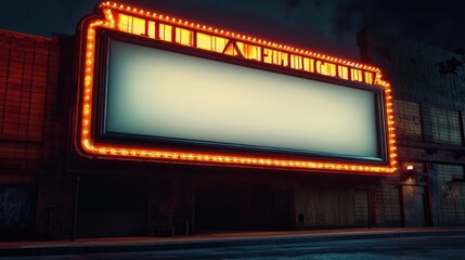 3D blank vintage cinema marquee sign, glowing lights, side of old theater.