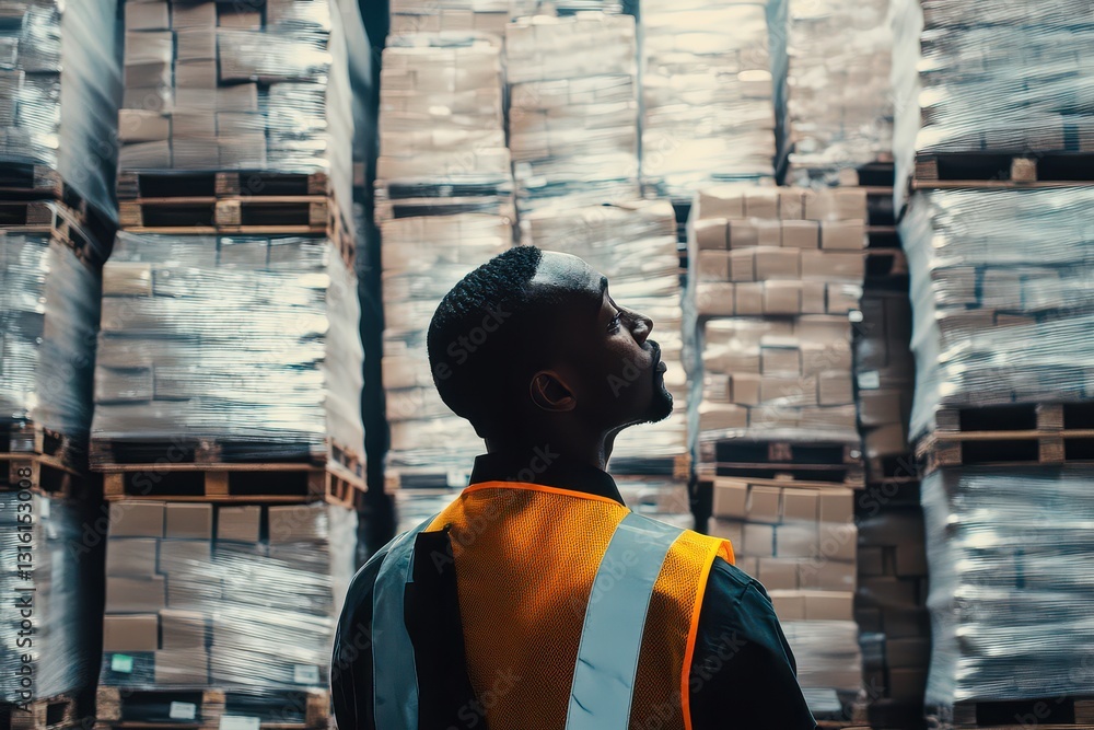 Poster warehouse worker observing stacked boxes in a busy storage facility with pallets