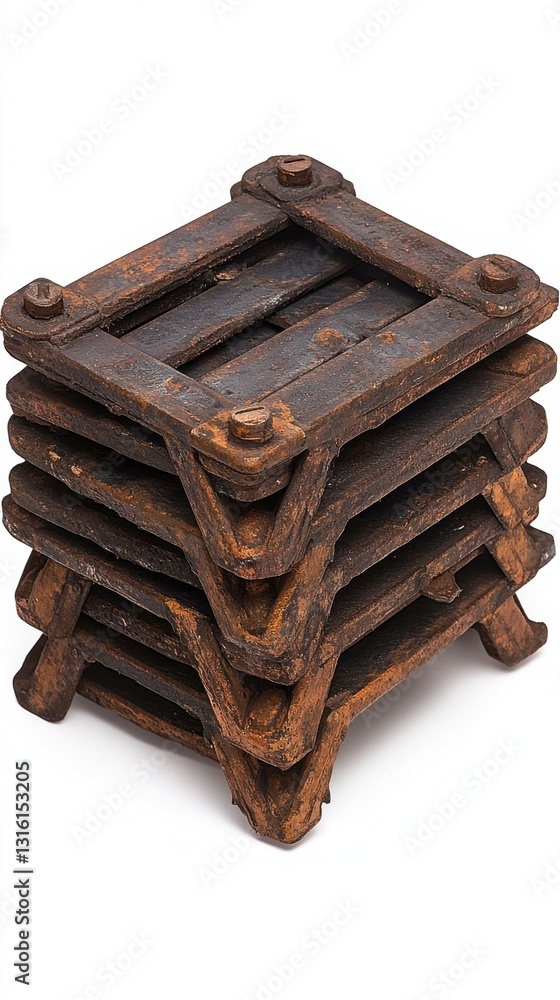 Poster stack of rustic, dark brown, rectangular metal plates with visible rust and wear, arranged in a stag