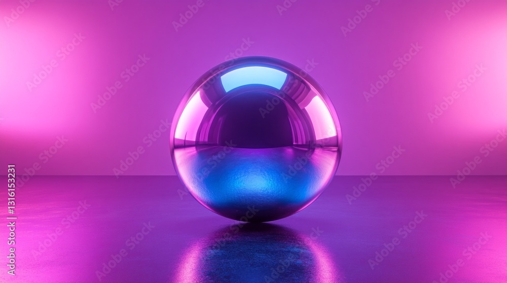 Poster A metallic sphere stands centered on a sleek surface, basking in a mesmerizing glow from pink and blue lights that create a modern artistic ambiance, enhancing the sleek surroundings