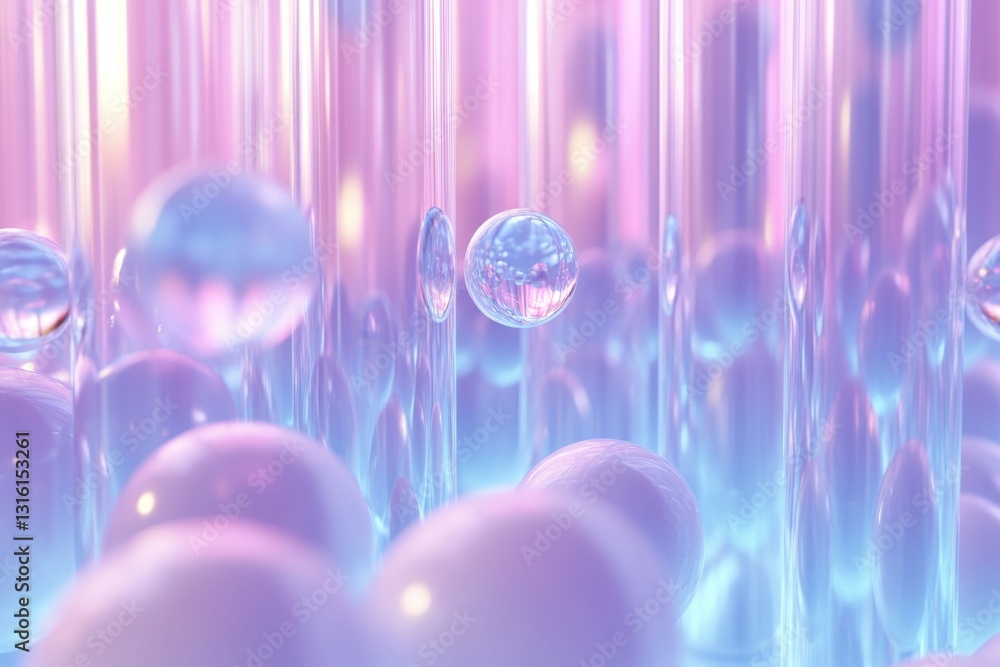 Poster ethereal abstract composition with translucent spheres and cylinders in pastel hues creating a dream