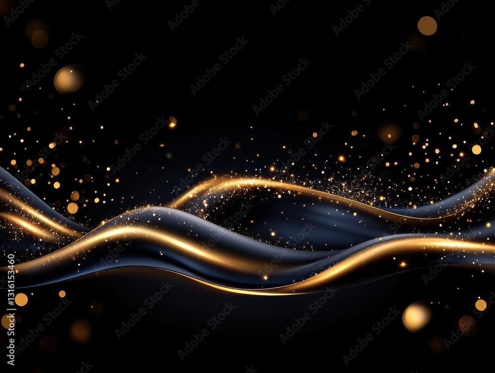 Poster elegant golden waves with sparkling particles on a dark background, creating a luxurious atmosphere