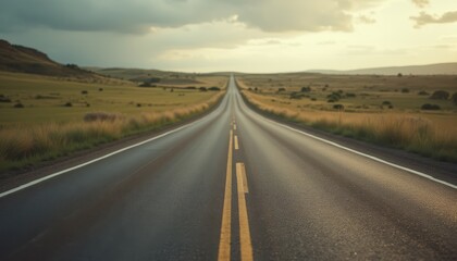 Fototapeta premium Cinematic view of a long, empty road stretching towards the horizon under a moody sky