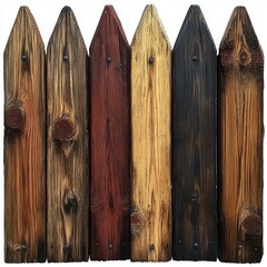 Fototapeta premium Close up view of a rustic wooden fence composed of weathered planks in varying shades of brown, red, and black. The planks are vertically aligned and show signs of age and wear.