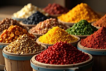Stacked wooden bins brimming with various grains; rich textures and hues , red, detail