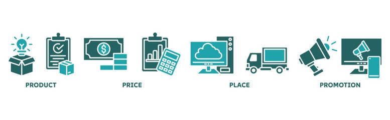 Marketing Mix icon set illustration concept with icon of product, price, place, promotion 