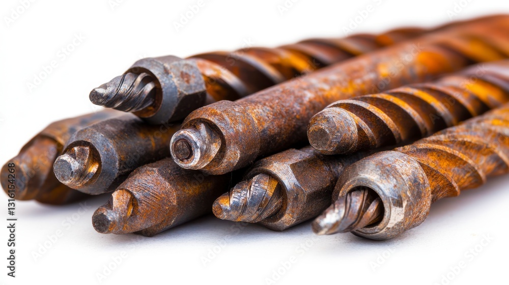 Poster close up view of several rusty drill bits against a white background. the bits show significant wear