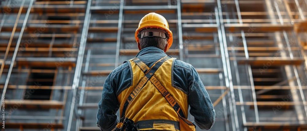 Poster Expert Worker Assembles Temporary Scaffolding for Construction Site Project