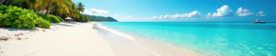 Fototapeta premium Sun-drenched white sand beach, turquoise water, ocean view, holiday, warm