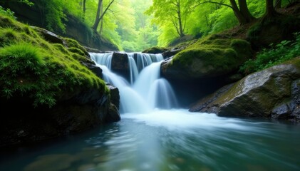 Fototapeta premium Serene water falls gently over moss covered rocks, serene, tranquility