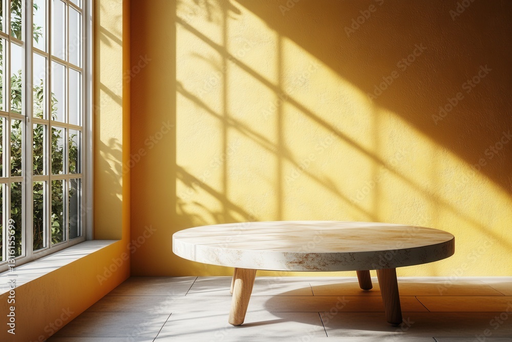 Poster interior scene with natural light streaming through window illuminating yellow wall and marble table