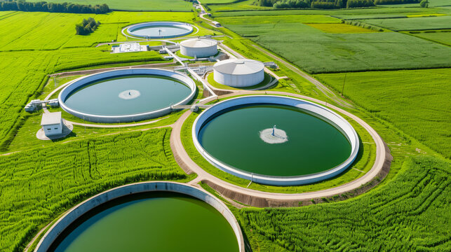 Aerial View of a Modern Wastewater Treatment Plant Nestled Amidst Lush Green Farmlands,