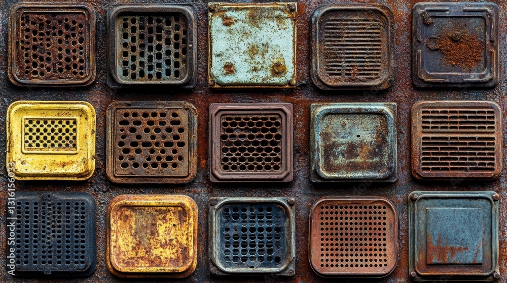 Poster collection of square rusty metal vents with various patterns and colors arranged in a grid. the back