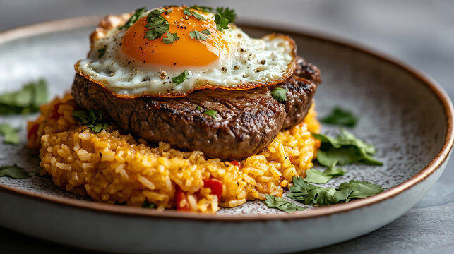 tacu tacu, a traditional Peruvian dish, with a golden, crispy rice and bean patty served with a side of perfectly cooked steak, topped with a fried egg and garnished with fresh cilantro