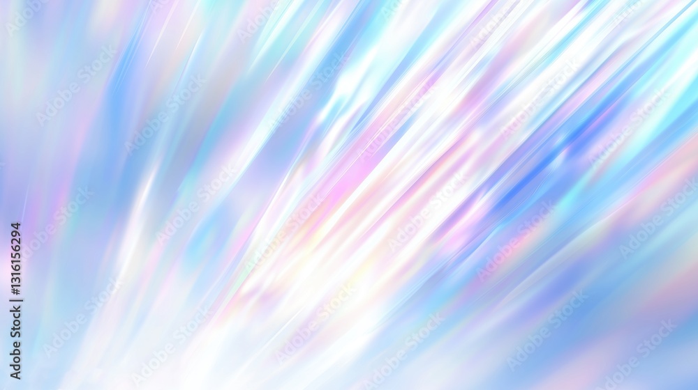 Poster Abstract pastel blue and white background with iridescent holographic light rays. Soft blurred effect creating an ethereal and dreamy atmosphere, with high resolution and hyper-realistic details.