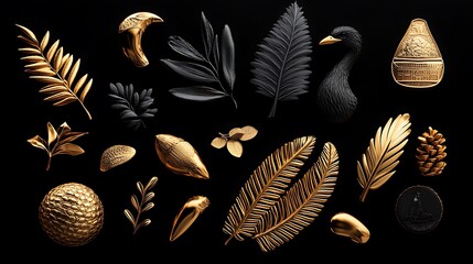 Golden and Black Botanical 3D Render: Dark Background Still Life AI Generated