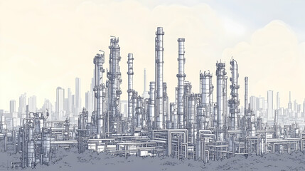 Obraz premium Detailed line drawing of an industrial refinery complex with towers, pipes, and structures