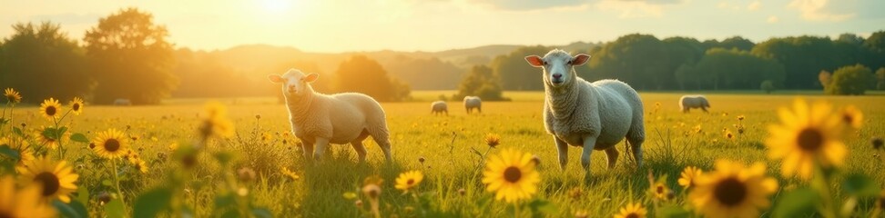 Obraz premium Sheep in a field with wildflowers and sunshine, pasture, sunflower