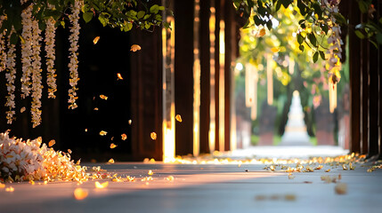 Beautiful floral pathway leads to an unknown destination with sunlight