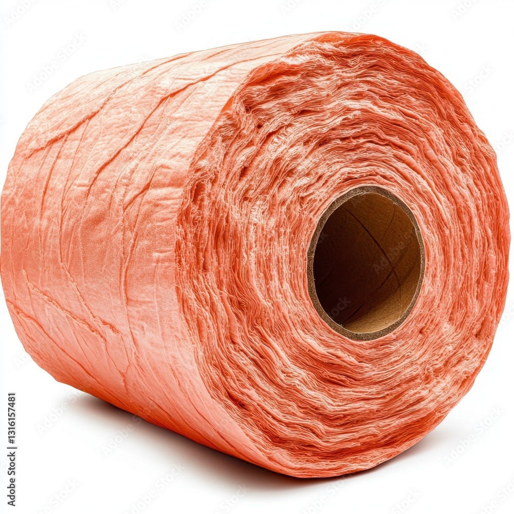 Poster close up view of a rolled up roll of salmon colored fabric or textile material with a textured surfa