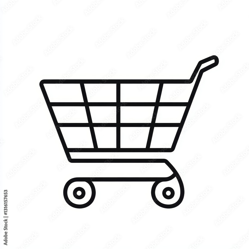 Poster a simple black linear icon of a shopping cart is set against a pristine white background
