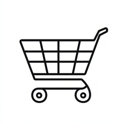 A simple black linear icon of a shopping cart is set against a pristine white background