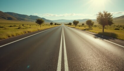 Obraz premium Expansive highway stretches across the landscape under a clear sky with sunlight illuminating the terrain