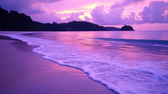 Soft purple sunset over a tranquil beach scene. Gentle waves lap the shore, creating a serene and peaceful atmosphere. The sky displays a vibrant gradient of purple and pink hues.