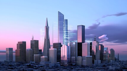 Fototapeta premium Futuristic Cityscape at Dawn: A 3D Render of a Modern Metropolis AI Generated
