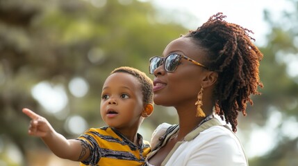 African mother and child enjoying nature together outdoors in a park