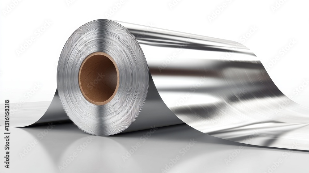 Poster roll of shiny metallic foil on a white surface. the foil is partially unrolled, showing its texture 