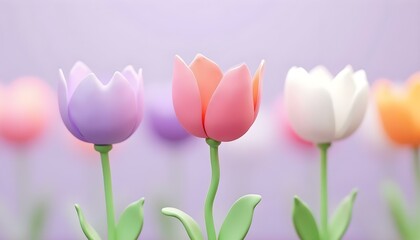 Close-up shot of cartoon flowers with pastel colors, including pink, purple, orange, and white, with green stems and buds
