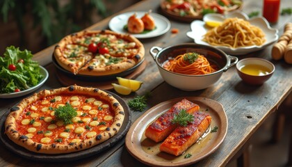 Fototapeta premium Cinematic culinary spread showcasing various delectable Italian dishes in an inviting rustic setting
