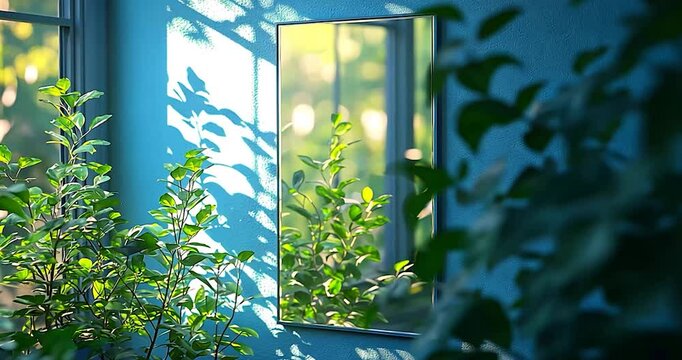 Reflective Mirror Showing Green Plants and Sunlight on a Blue Wall