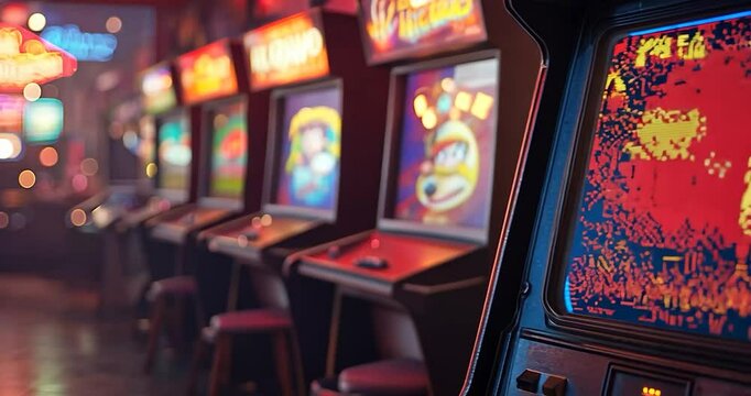 Retro Arcade Games with Pixelated Graphics in a Dark Room