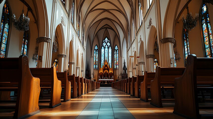 Fototapeta premium Gothic church interior with wooden pews and stained glass windows