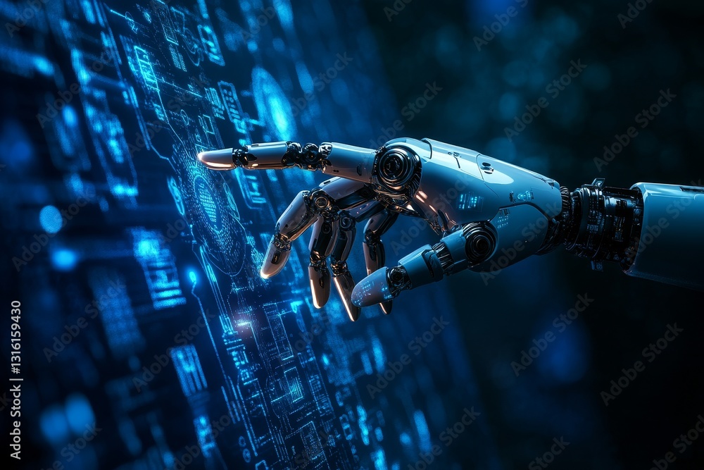 Poster the intersection of human and stock is depicted by a hand touching a robot hand, as futuristic robot
