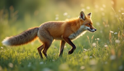 Fototapeta premium Cinematic capture of a sleek, alert fox navigating a sunlit meadow during golden hour