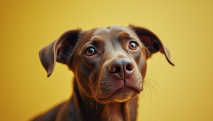 Cinematic capture of a sleek chocolate dog against a vibrant yellow backdrop showcasing emotional expression