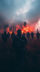 Soldiers march through a field of red poppies towards a fiery, burning landscape under a dark, smoky sky.