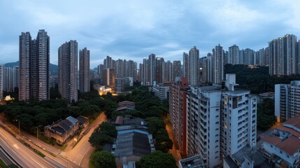 Obraz premium A panoramic view captures urban skyscrapers glowing softly under the evening sky, with soft hues reflecting the city's bustling energy.