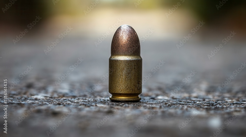Poster close up view of a single bullet casing on a dark asphalt surface, shallow depth of field.