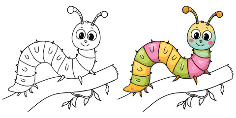 Caterpillar Insect Isolated Line Art Vector Outline Illustration Black and White with Coloring Sample