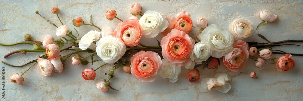 Aufkleber the stone table made of grey marble features a colorful array of flowers in this top-down photo
