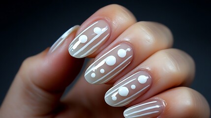 Elegant Nude Nails with Abstract White Dot Design: Close-Up Manicure Shot AI Generated