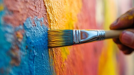 Fototapeta premium Close-up of a vibrant multicolored wall being painted with a brush